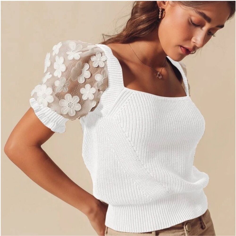 Industry Republic Floral Sheer Puff Sleeve Romantic White Knit Sweater L